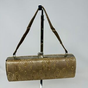 Vintage Art Deco Gold Brocade Satin Lined Evening Shoulder Bag‎ Kiss Lock 9x3"